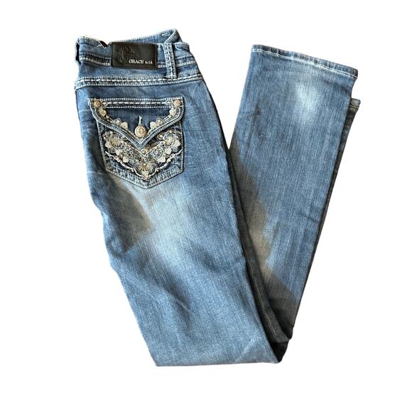 Grace in LA Embellished Straight Leg Jeans  Denim Bejeweled Pockets Size 29 - Picture 1 of 12